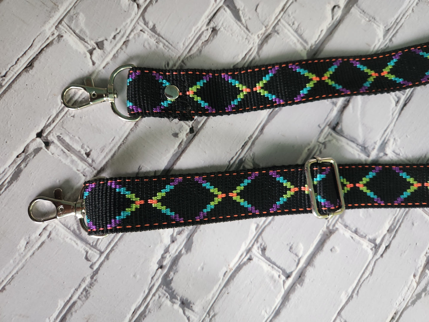 Embroidered 1" wide strap neon rainbow geometric