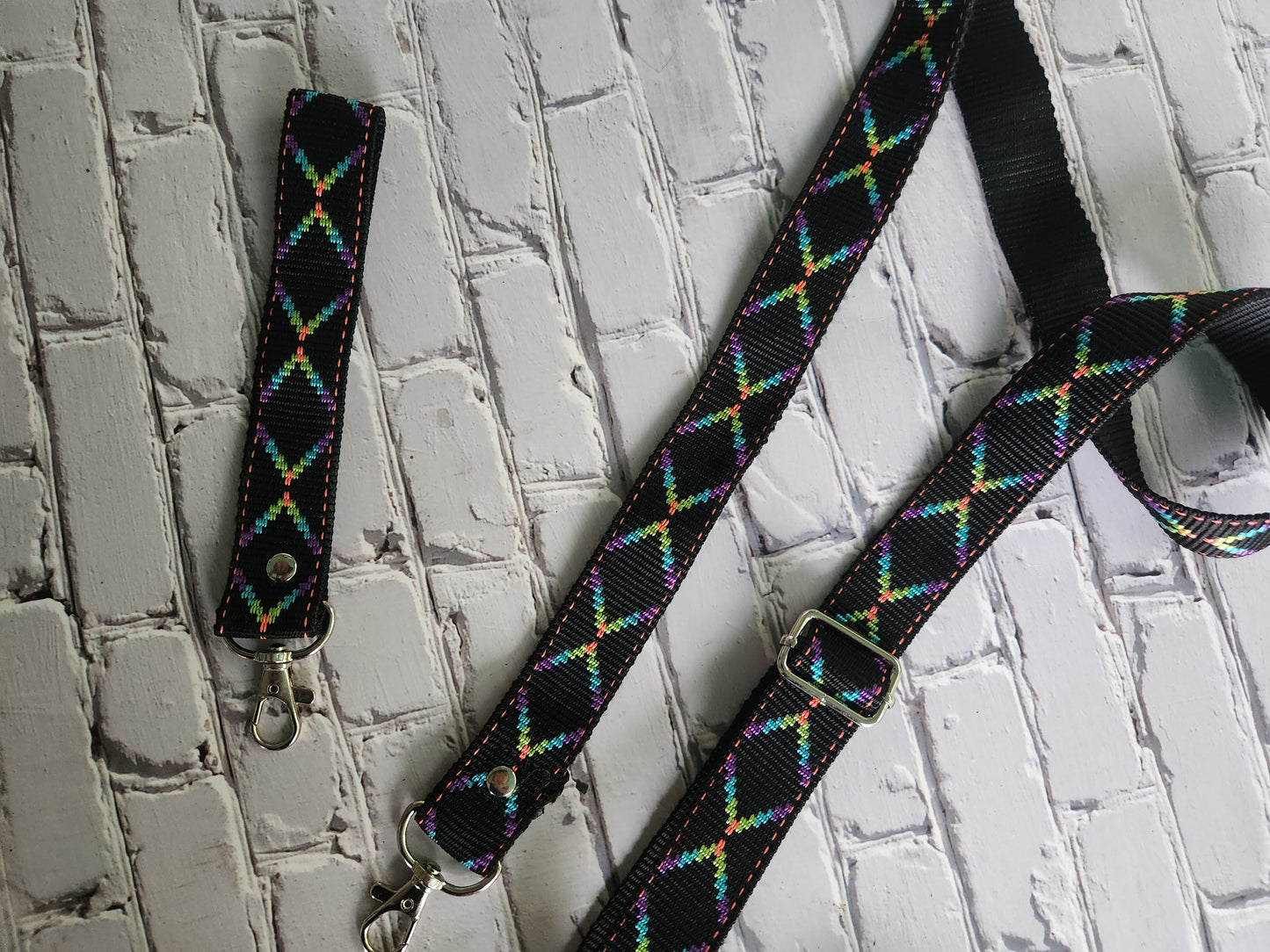 Embroidered 1" wide strap neon rainbow geometric