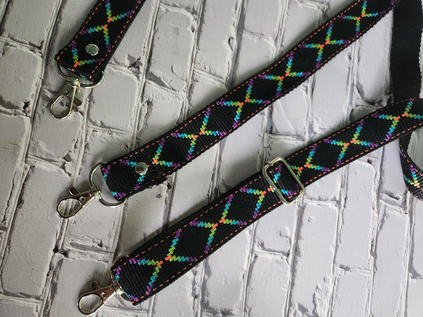 Embroidered 1" wide strap neon rainbow geometric