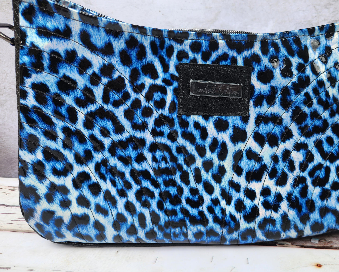 Blue Leopard Patent Leather Iris Shoulder Bag
