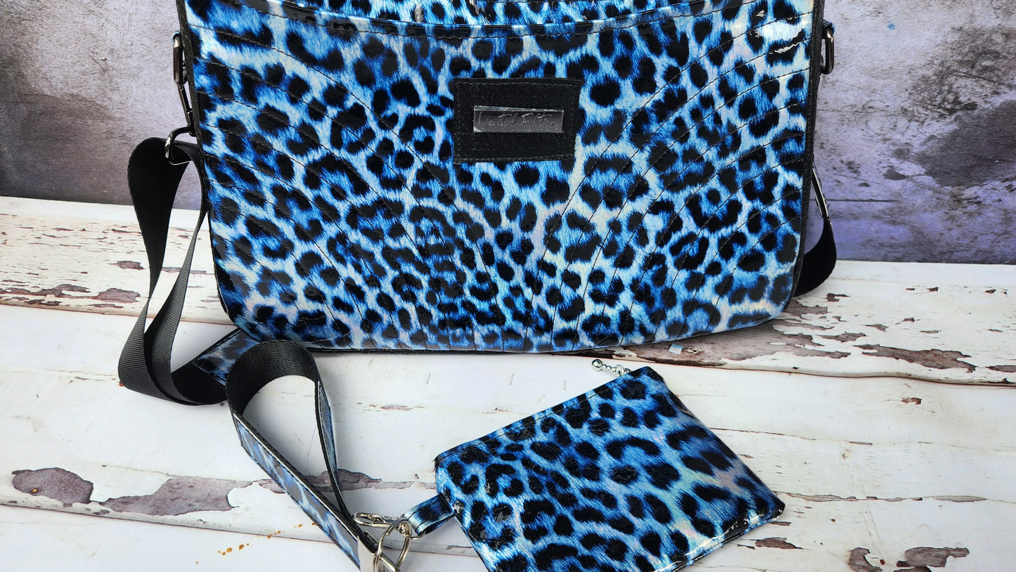 Blue Leopard Patent Leather Iris Shoulder Bag