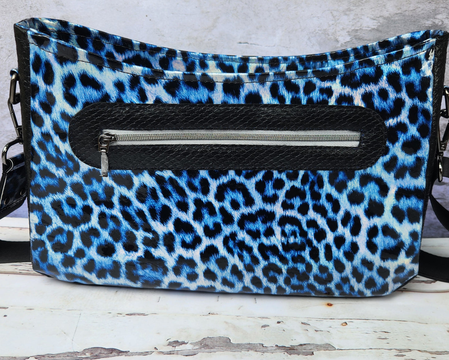 Blue Leopard Patent Leather Iris Shoulder Bag