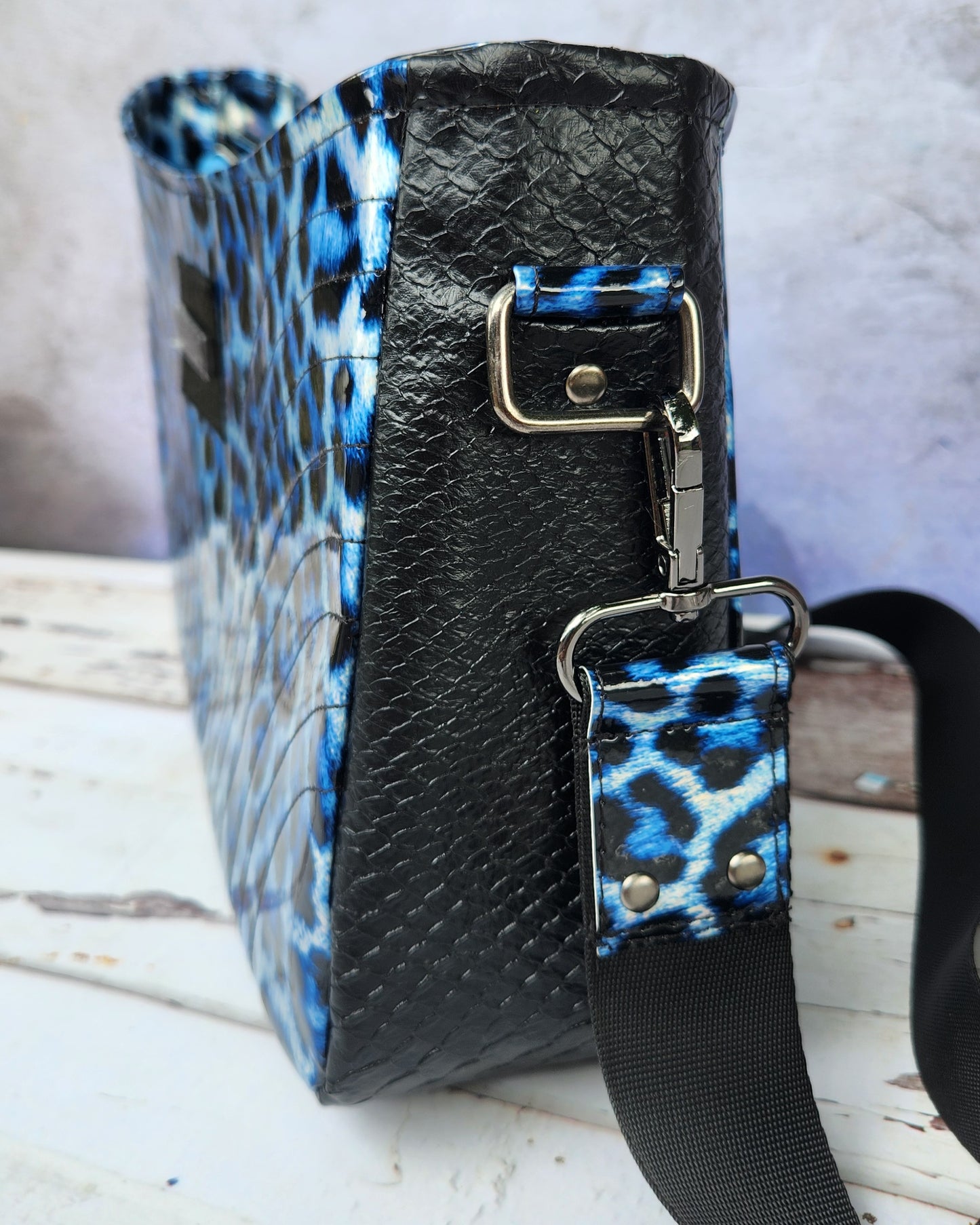 Blue Leopard Patent Leather Iris Shoulder Bag